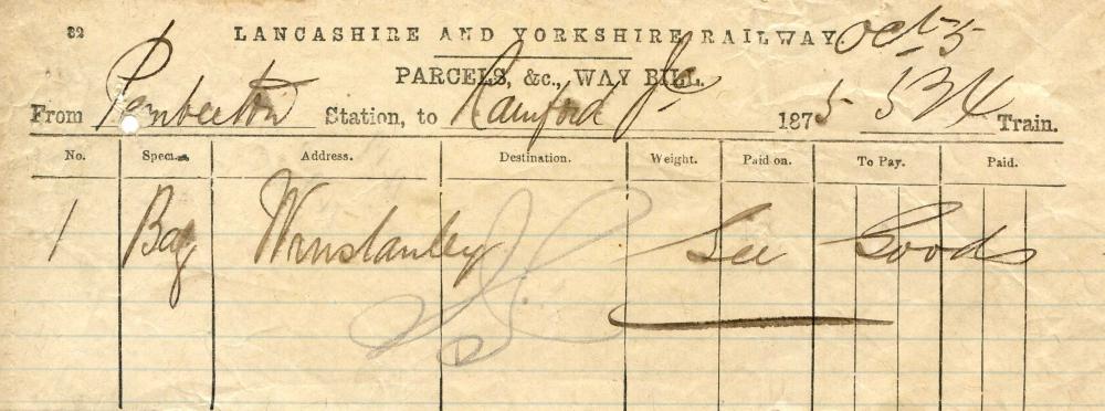 Lancashire & Yorkshire Railway Pemberton Station Way Bill from 1875 Lancashire & Yorkshire Railway Pemberton Station Way Bill from 1875