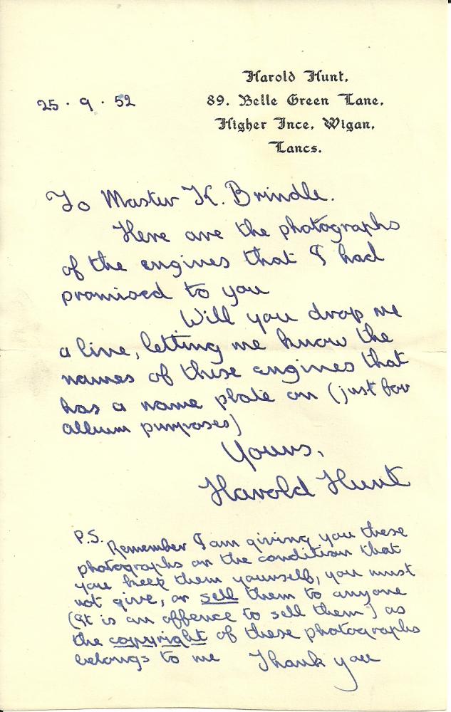 Letter from H Hunt 25.09.1952
