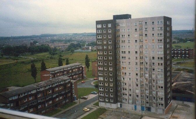 Thackeray House, and to the left St Paul's church, and churchyard at Goose Green, 1987.