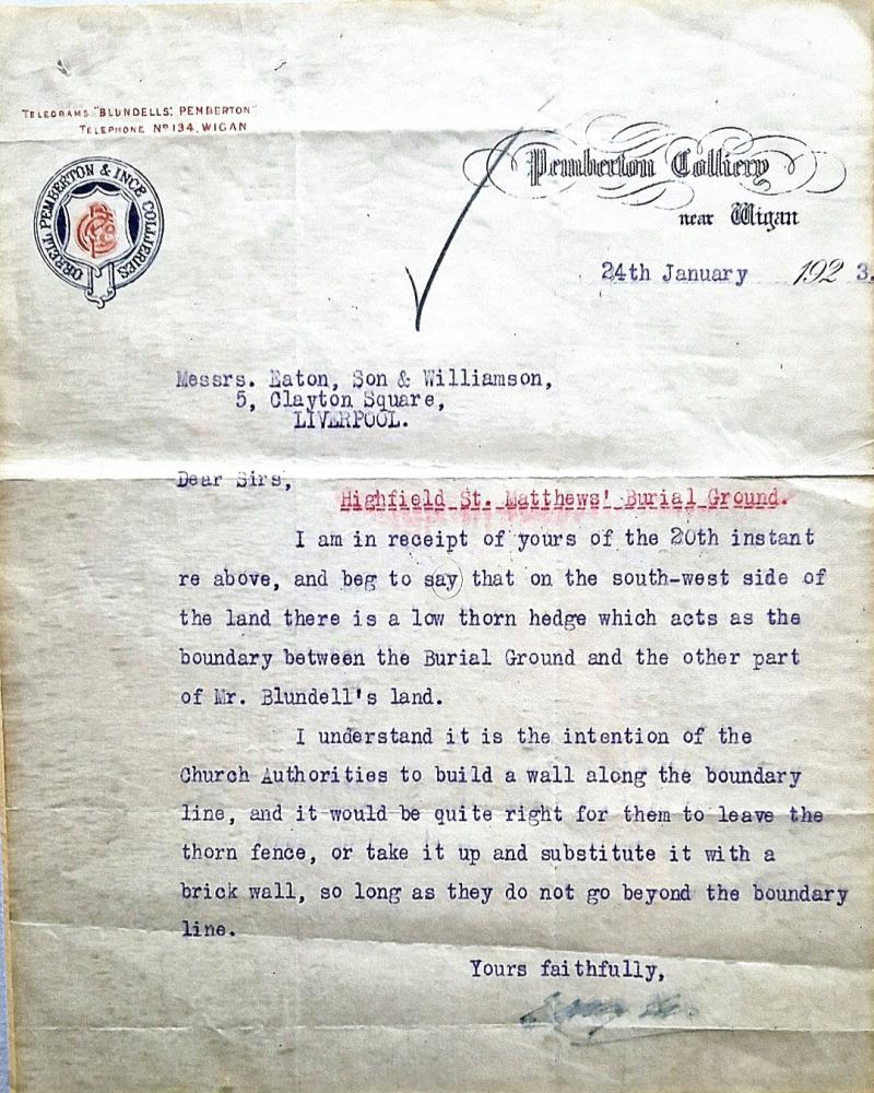 Blundells Colliery Letter Re: Highfield Church Boundary Blundells Colliery Letter Re: Highfield Church Boundary