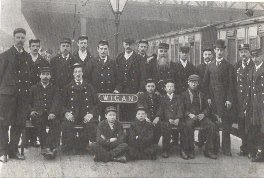 Staff at Wigan Wallgate, c1900. Staff at Wigan Wallgate, c1900.