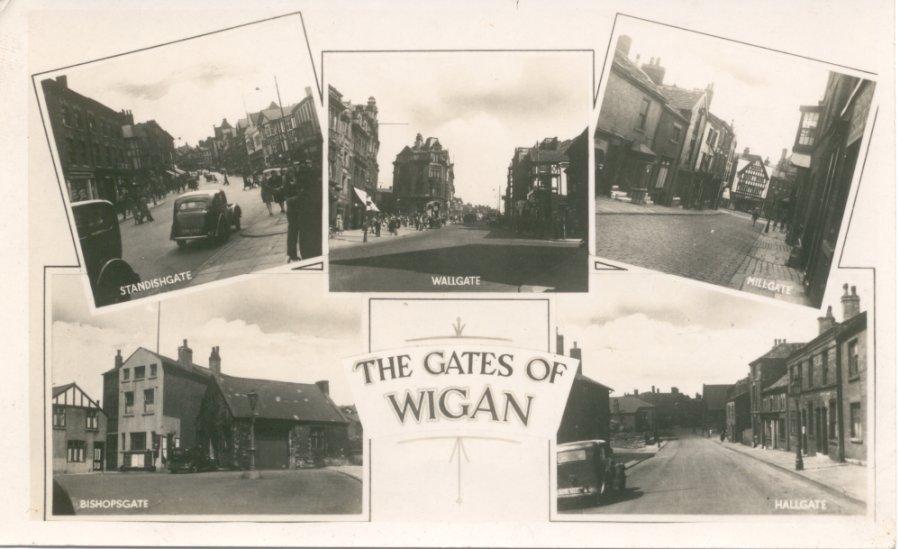Postcard titled "The Gates of Wigan". Postcard titled "The Gates of Wigan".