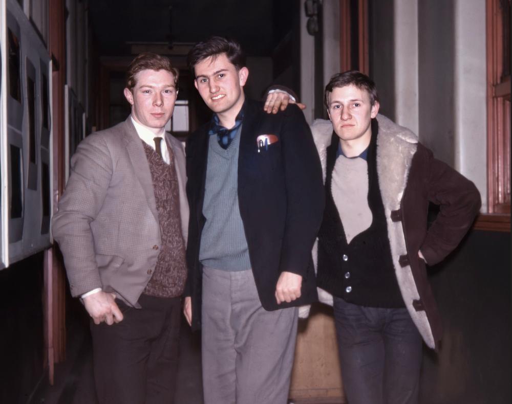 Three Wigan Art Students 1960 in Wigan Tech” corridor.