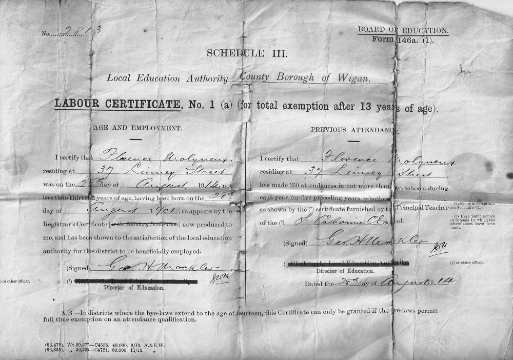 Labour Certificate For Florence Molyneux 1914 Labour Certificate For Florence Molyneux 1914
