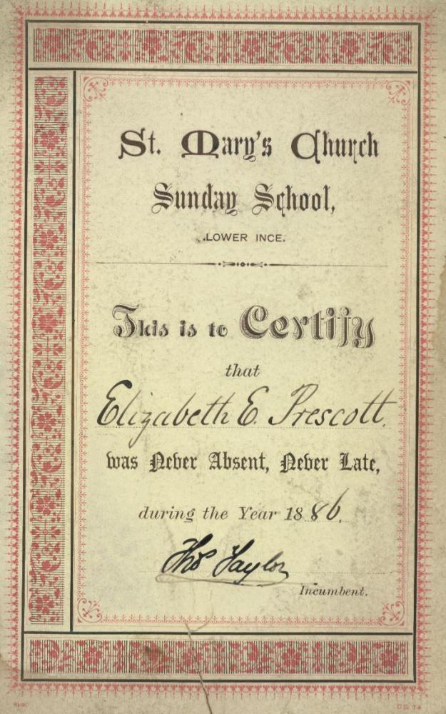 Sunday School certificate St Mary's Ince