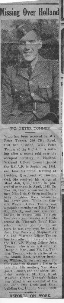 Sad news of W. O. PETER TONNER