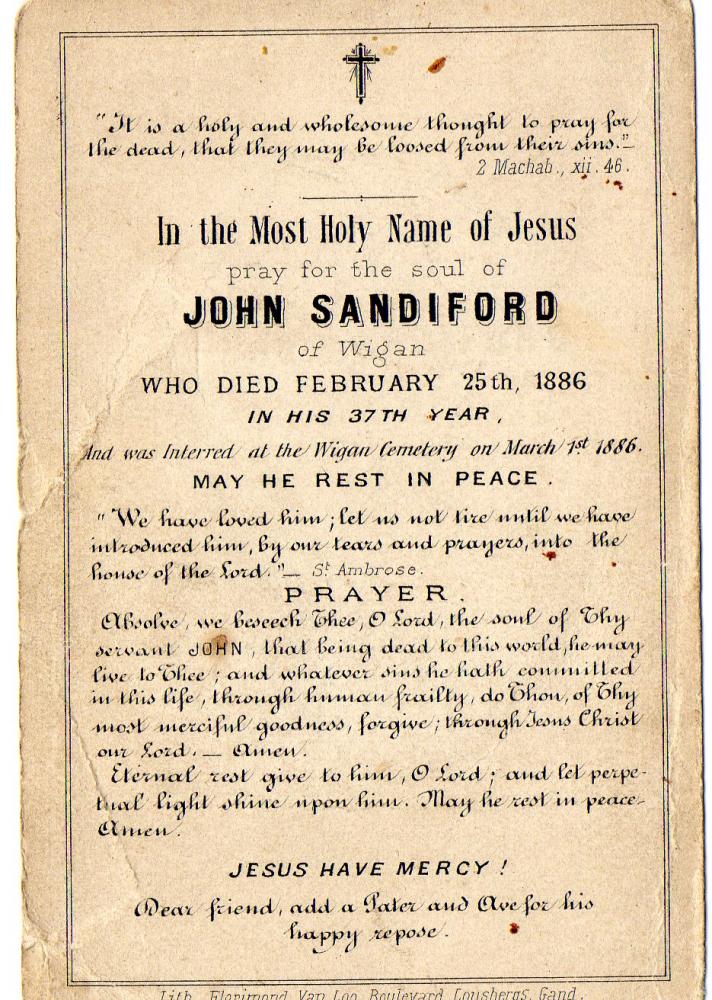 Reverse of John Sandiford's memorial card