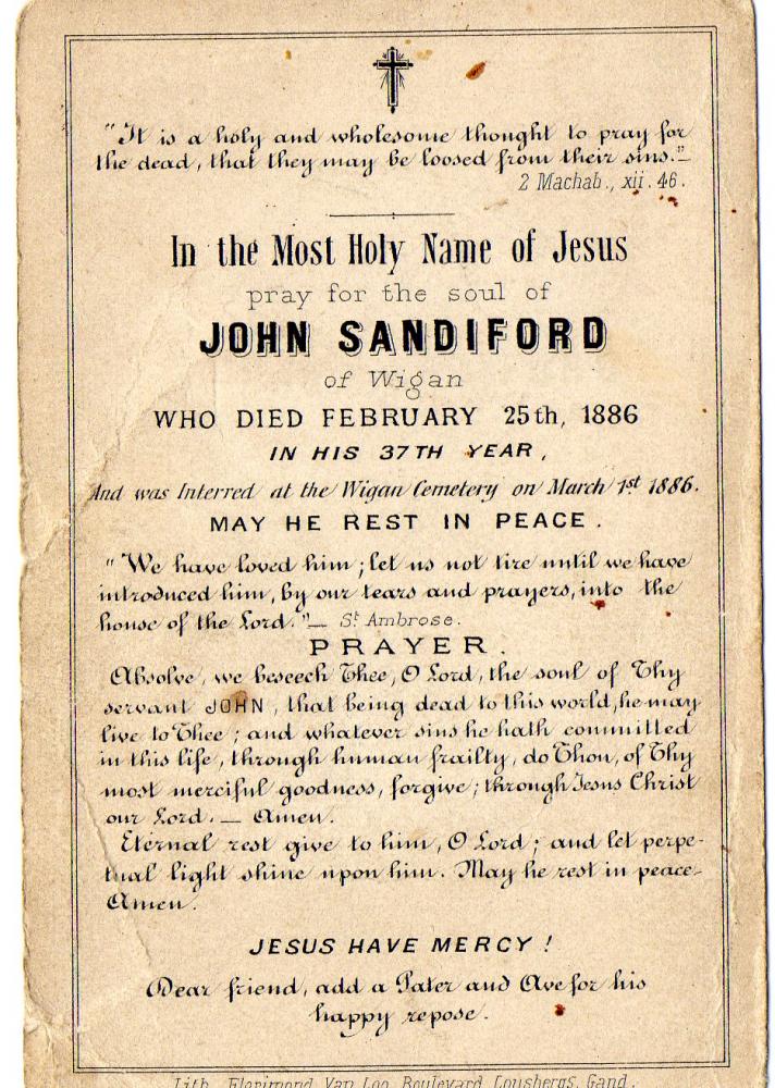 Reverse of John Sandiford's memorial card Reverse of John Sandiford's memorial card