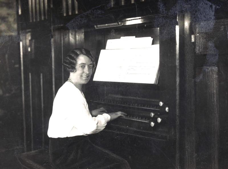 Hilda Rigby playing the organ at Bridgecroft Chapel, Hindley.