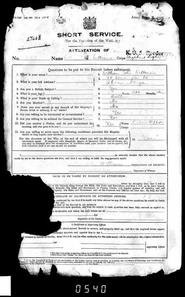 Enlistment Document WW1 (1915) William John Williams 1891 - 1947