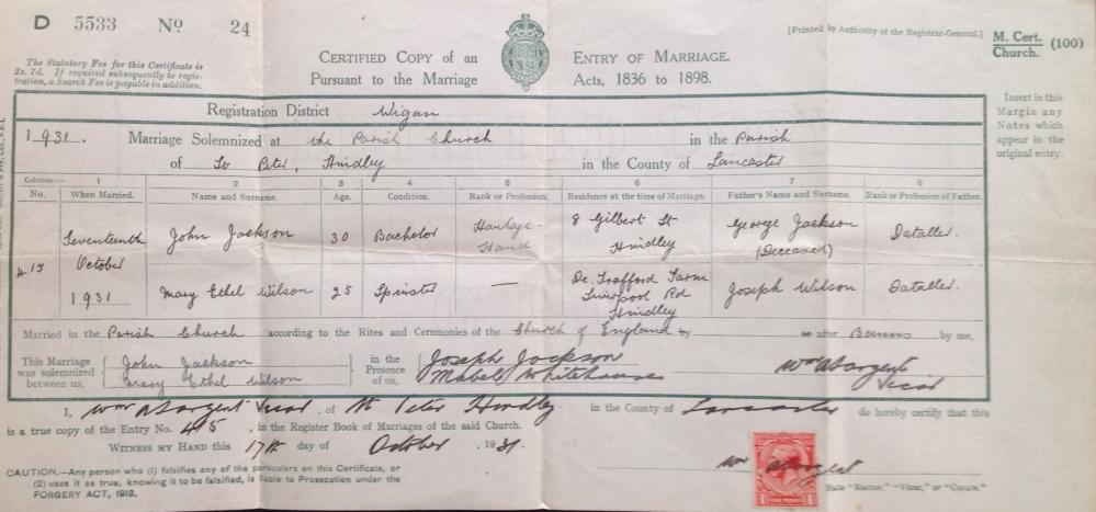 Marriage certificate of John Jackson and Mary Ethel Wilson.