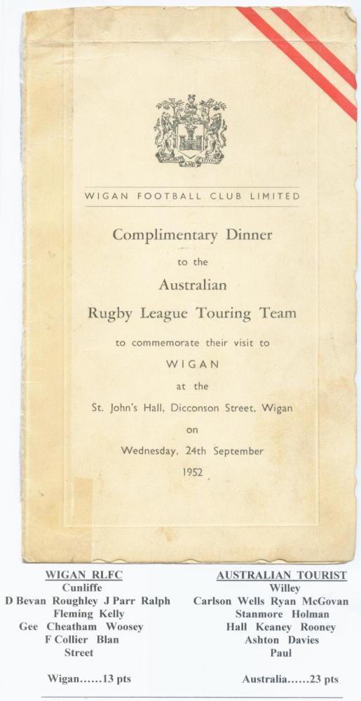 24th September 1952 Complimentary Dinner for Australian RL tourists