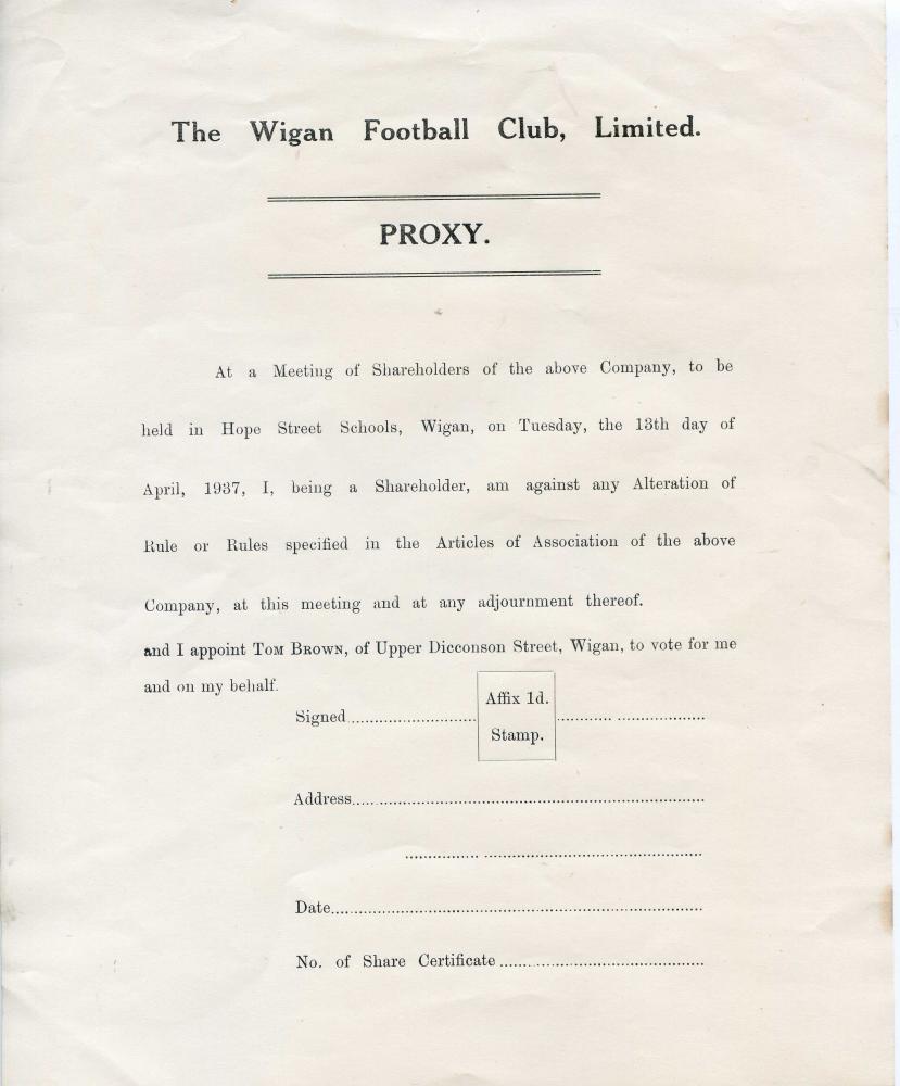 Wigan Football Club Limited Proxy Shareholders Form 1937. Wigan Football Club Limited Proxy Shareholders Form 1937.