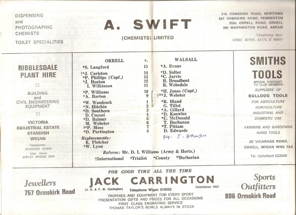 Orrell v Walsall Teams 1981 Orrell v Walsall Teams 1981