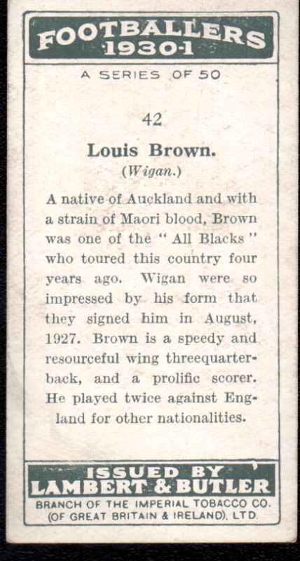 Reverse of Lambert & Butler cigarette card of L. Brown. Reverse of Lambert & Butler cigarette card of L. Brown.