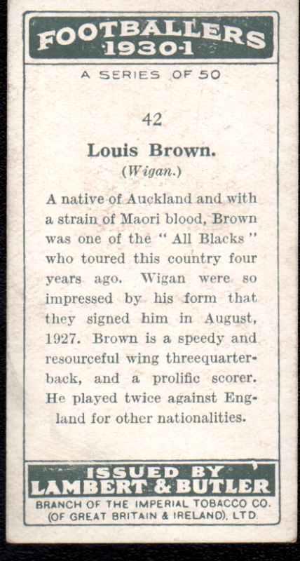 Reverse of Lambert & Butler cigarette card of L. Brown.