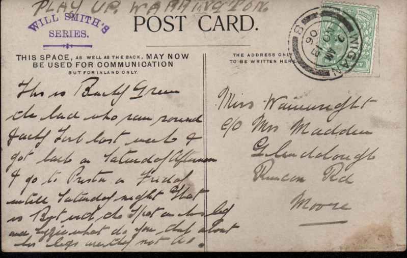 Reverse of Green postcard, postally used, 1906.