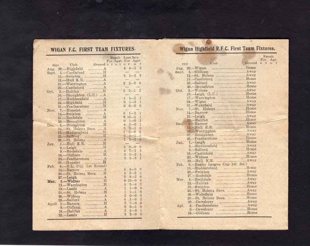 Wigan RL and Wigan Highfield fixture list 1931-32