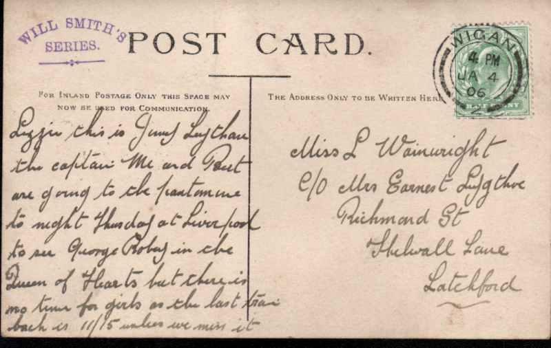 Reverse of "Jimmy" Leytham postcard, postally used, 1906.