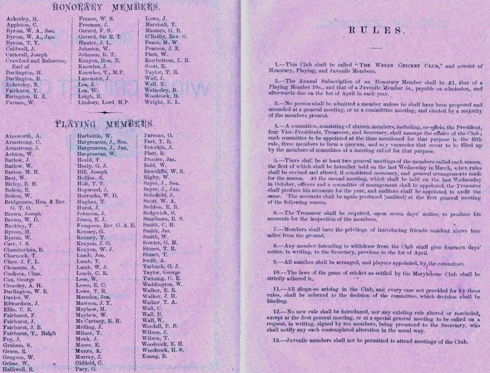  Wigan Cricket Club - 1875 - Members & Rules