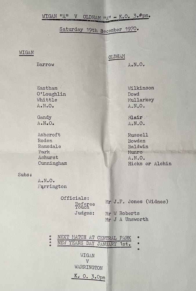 Wigan rl A team sheet 1970