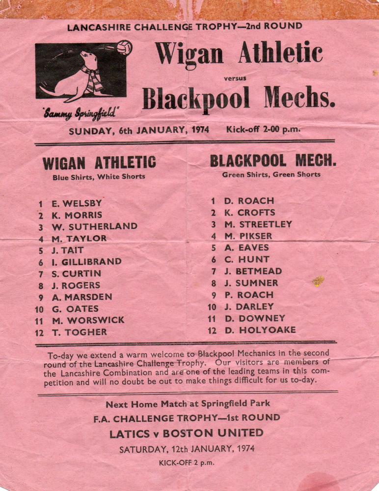 Latics V Blackpool Mechs programme 6th Jan 1974.