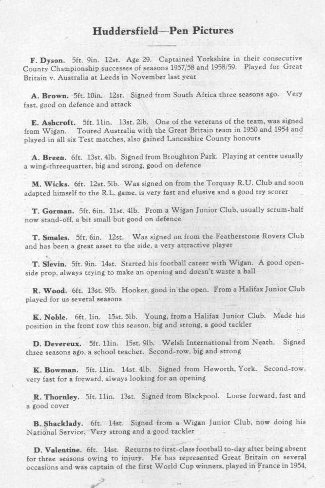Huddersfield RLFC player profiles late 50's early 1960's?