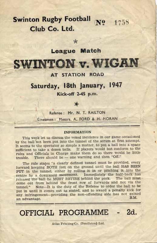 Swinton v Wigan Programme Swinton v Wigan Programme