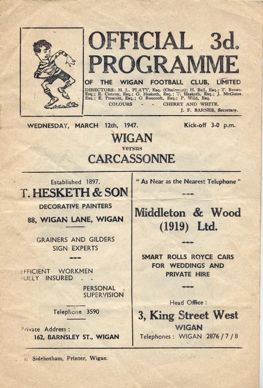 Wigan v Carcassonne Programme 1947