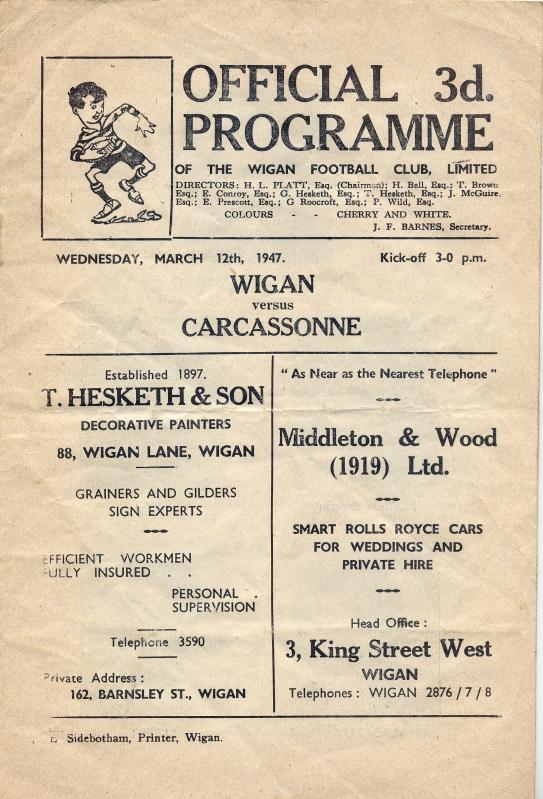 Wigan v Carcassonne Programme 1947 Wigan v Carcassonne Programme 1947