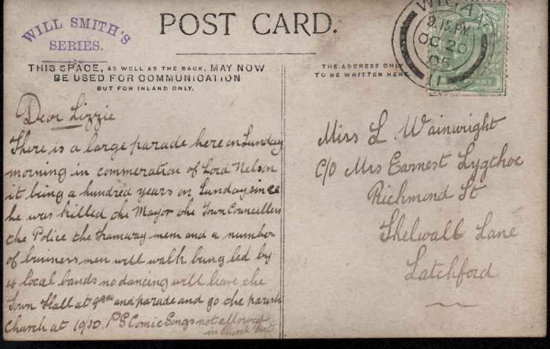 Reverse of Bert Jenkins postcard, postally used, 1905.