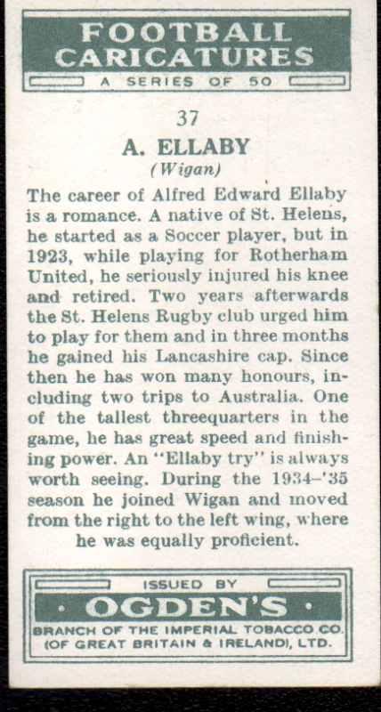 Reverse of Ogden's cigarette card of A. Ellaby. Reverse of Ogden's cigarette card of A. Ellaby.