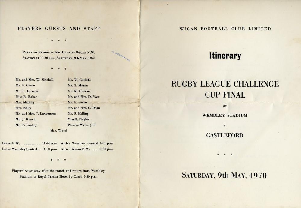 1970 R.L. Cup Final Itinerary Front and Back