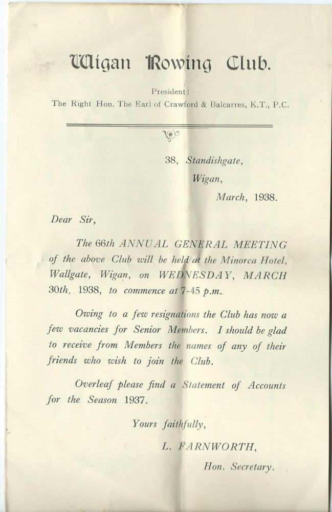 Wigan Rowing Club 1938 A.G.M. Wigan Rowing Club 1938 A.G.M.