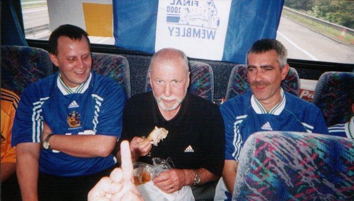 Willie, Phil & Leg man Owen on coach to wembley.