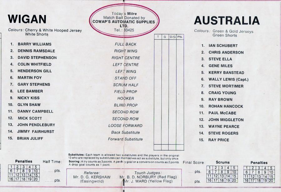 Wigan v Australia, 1982. The teams. Wigan v Australia, 1982. The teams.