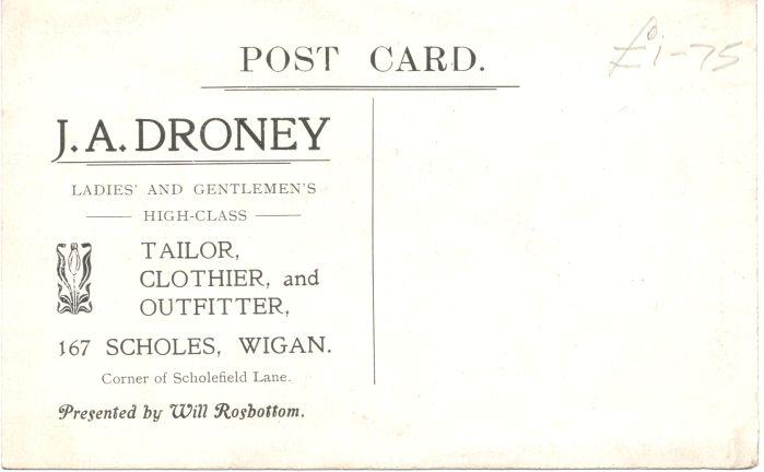 J.A. Droney, tailor, clothier (reverse of card). J.A. Droney, tailor, clothier (reverse of card).
