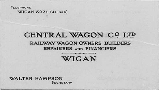 Central Wagon Co Ltd Wigan business card of Walter Hampson 1920s. Central Wagon Co Ltd Wigan business card of Walter Hampson 1920s.