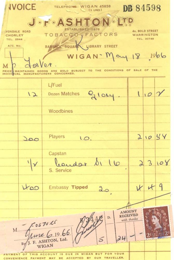 Bill for cigarettes from JF Ashton Ltd Bill for cigarettes from JF Ashton Ltd