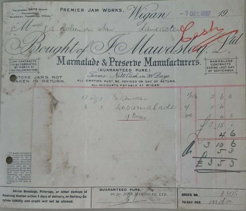 MAWDSLEY JAM INVOICE 1937