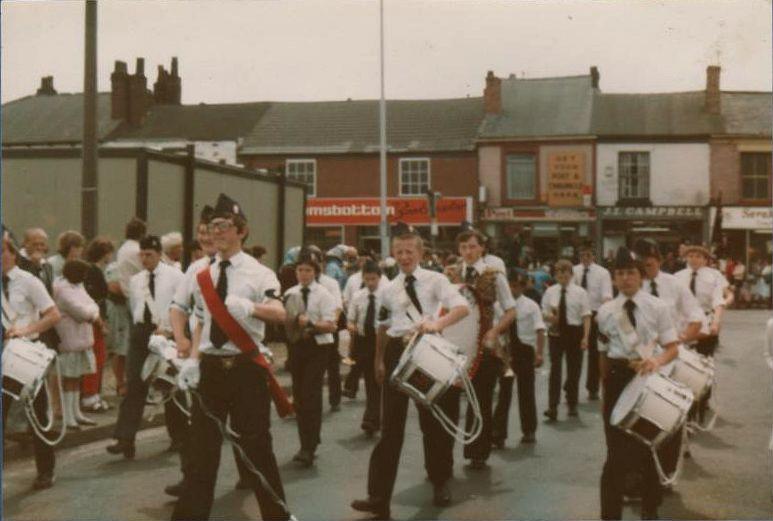 1st Wigan turning up Belle Green Lane, Alan Hickson drum major. 1st Wigan turning up Belle Green Lane, Alan Hickson drum major.