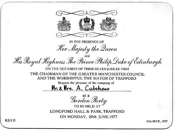 Invite to the Queen's Silver Jubilee visit to Longford Hall. Invite to the Queen's Silver Jubilee visit to Longford Hall.