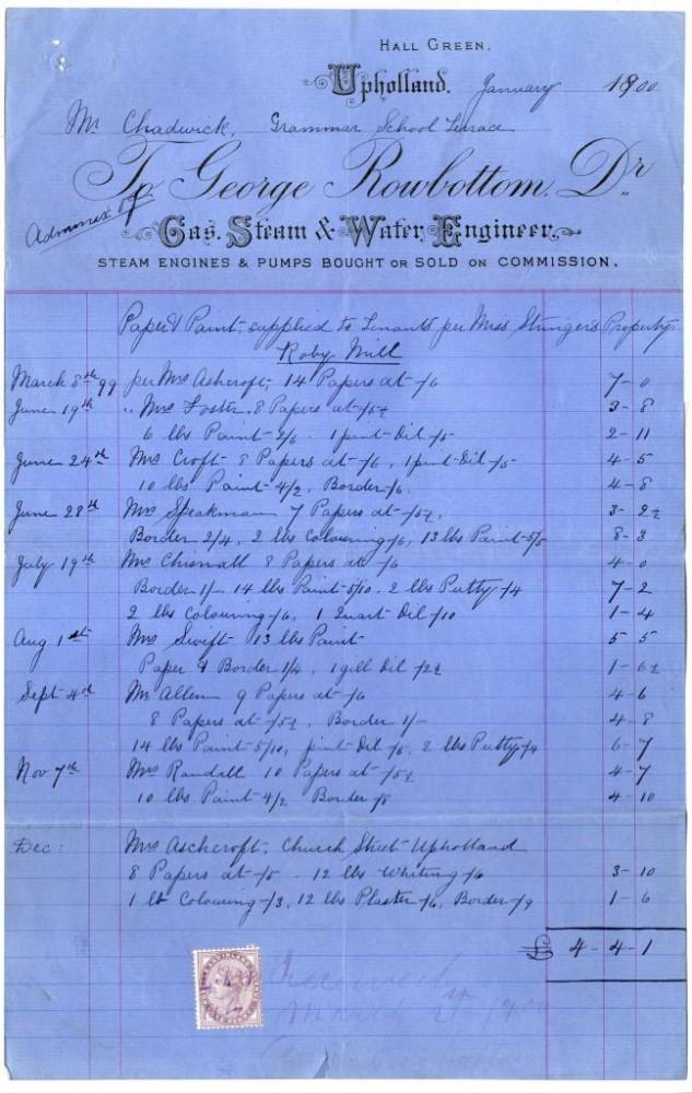 George Rowbottom, Upholland, Letterhead1900. George Rowbottom, Upholland, Letterhead1900.