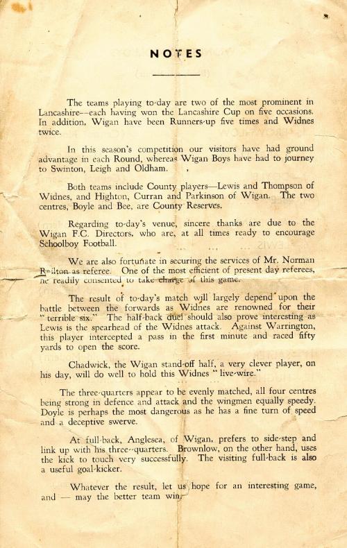 Wigan v Widnes Schoolboys Programme, 1949. (4 of 4) Wigan v Widnes Schoolboys Programme, 1949. (4 of 4)