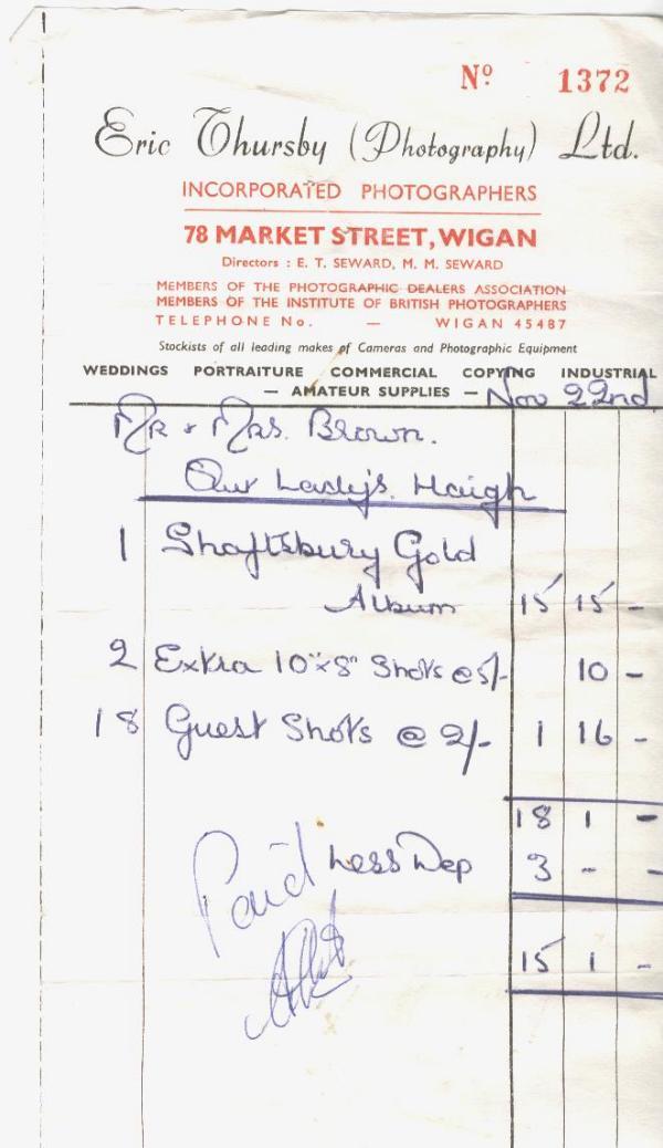 Wedding album receipt, 1966.