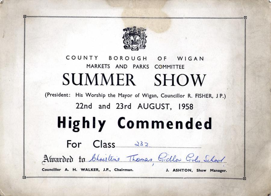Certificate awarded to Christine Thomas at the Summer Show, 1958. Certificate awarded to Christine Thomas at the Summer Show, 1958.