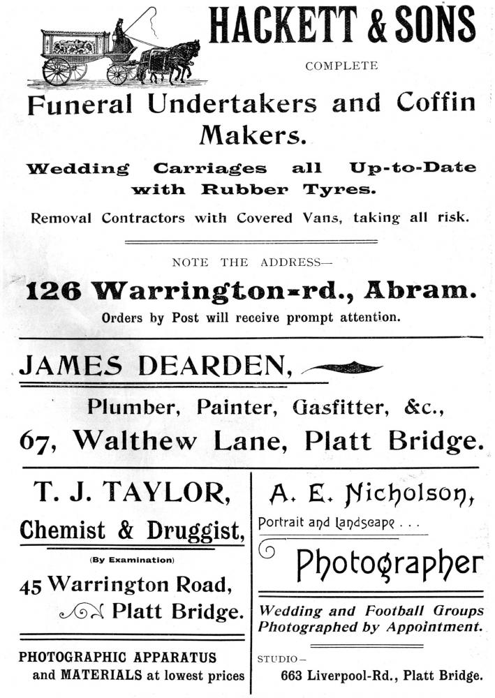 Adverts page, St Nathaniel's Platt Bridge 1904 magazine Adverts page, St Nathaniel's Platt Bridge 1904 magazine