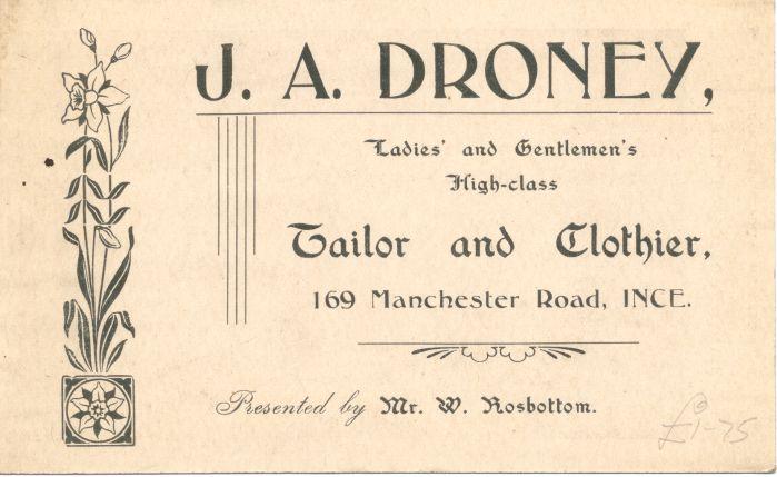 J.A. Droney, tailor, clothier (reverse of card). J.A. Droney, tailor, clothier (reverse of card).
