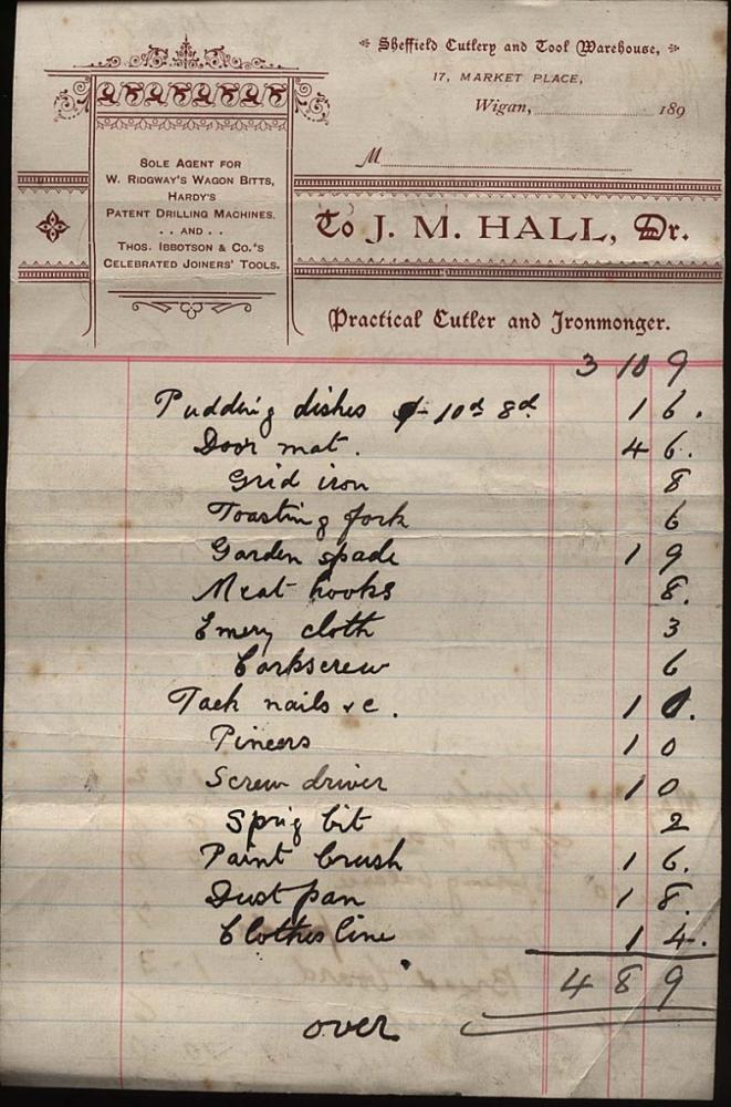 J.M. Hall Invoice 1890's J.M. Hall Invoice 1890's