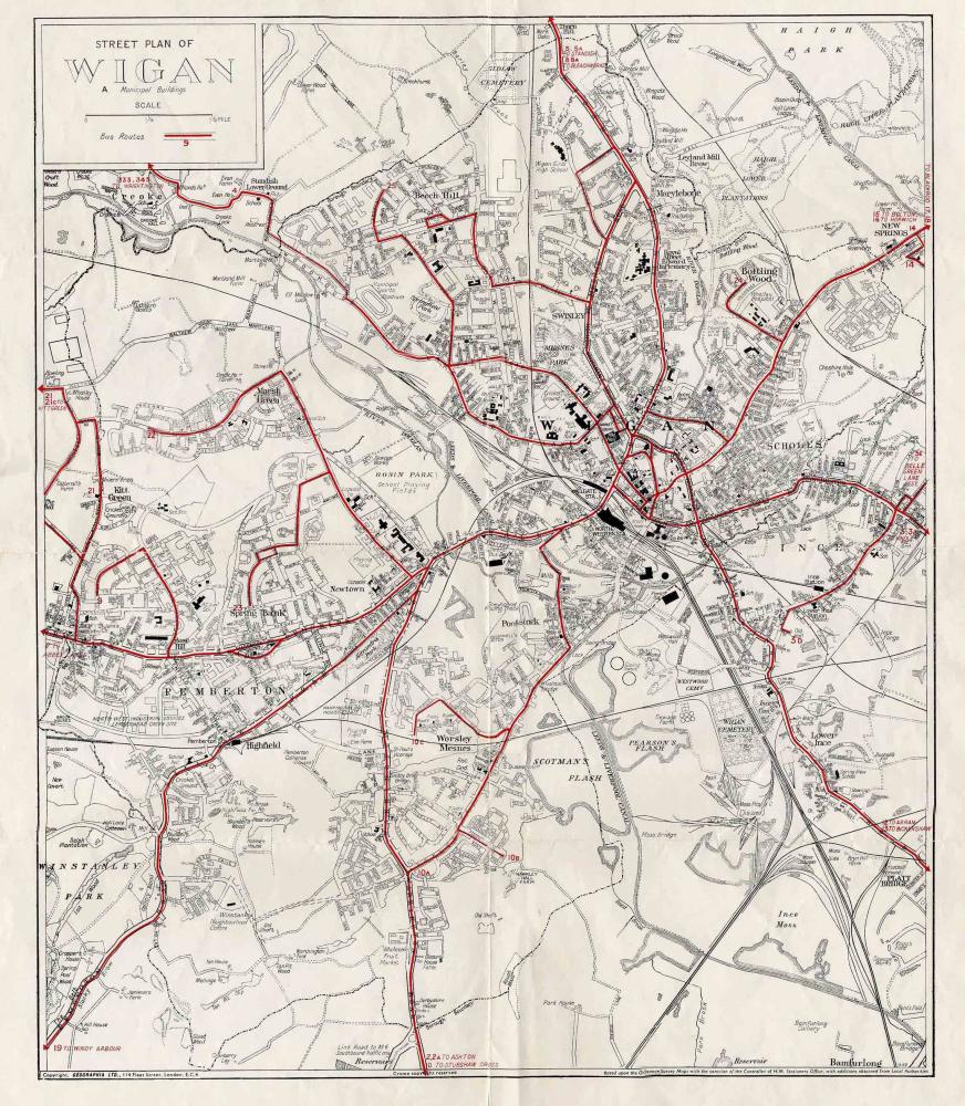  1960s Wigan and Distict Map with Bus Route Numbers